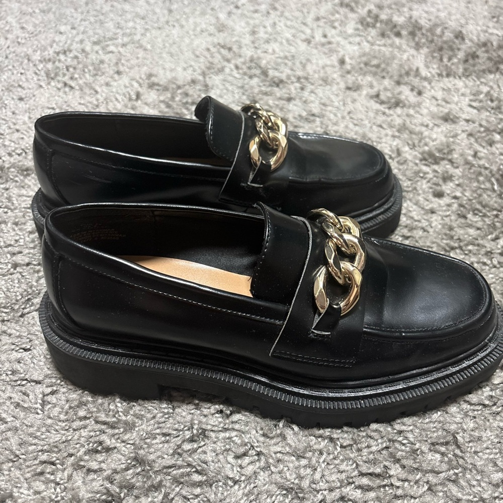 H&M Black Loafers with Gold Chain Detail